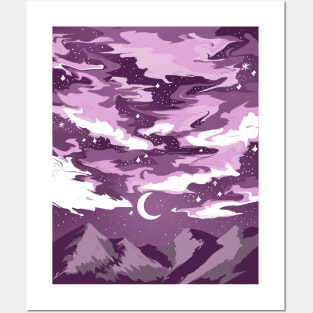 Pink cloudy sky above mountains with a crescent moon Posters and Art